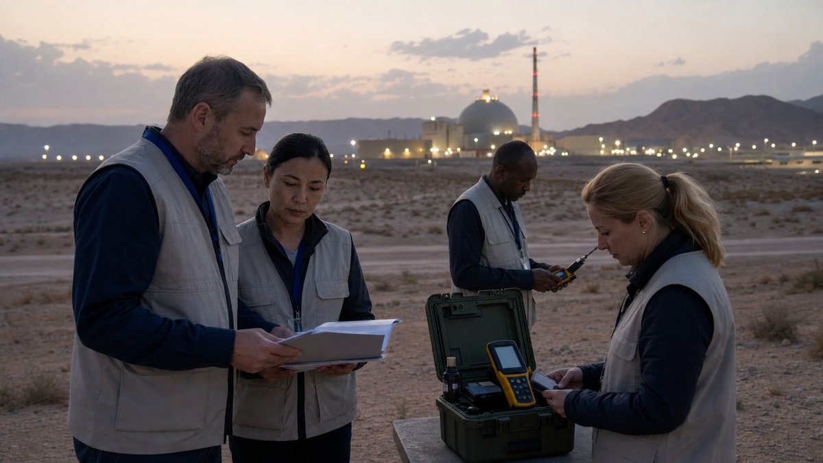 Inspetores nucleares observam uma instalação industrial no deserto ao entardecer.
