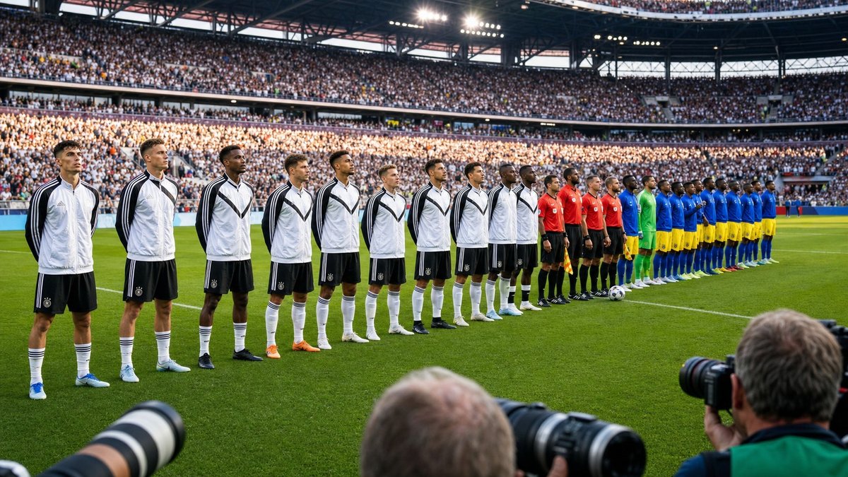 Jogadores perfilados antes de uma partida de Copa em estádio lotado