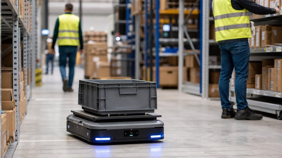 Robo movel autonomo circulando em um armazem logistico moderno com funcionarios ao fundo