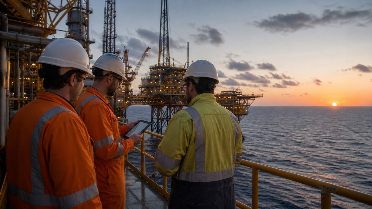 Plataforma de petróleo offshore ao amanhecer com equipe técnica observando equipamentos