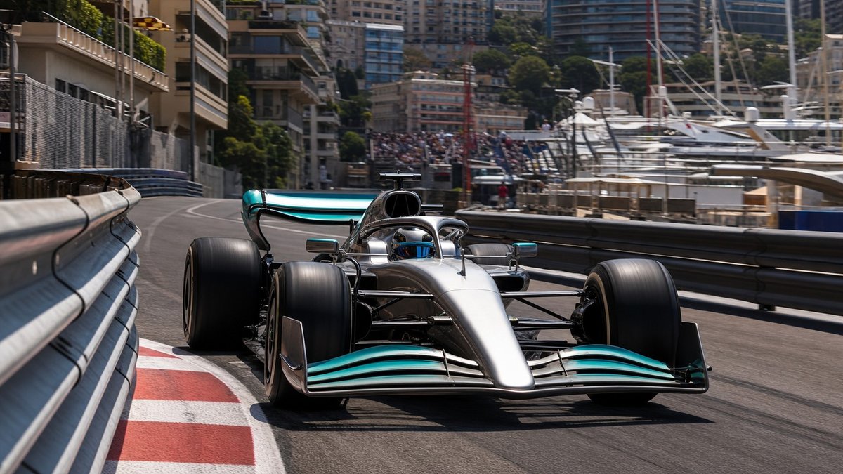 Carro de Formula 1 prateado em rua estreita de Monaco durante uma corrida, sem logos visiveis.