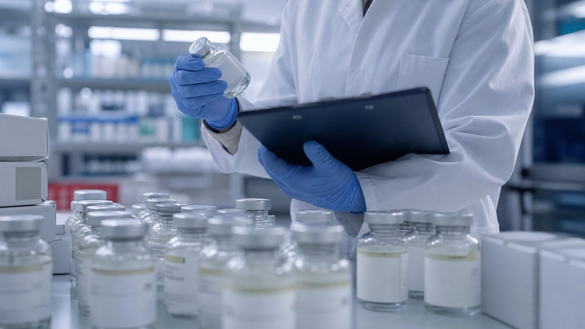 Frascos de medicamento oncológico em bancada de laboratório, com profissional conferindo rótulos e lote.