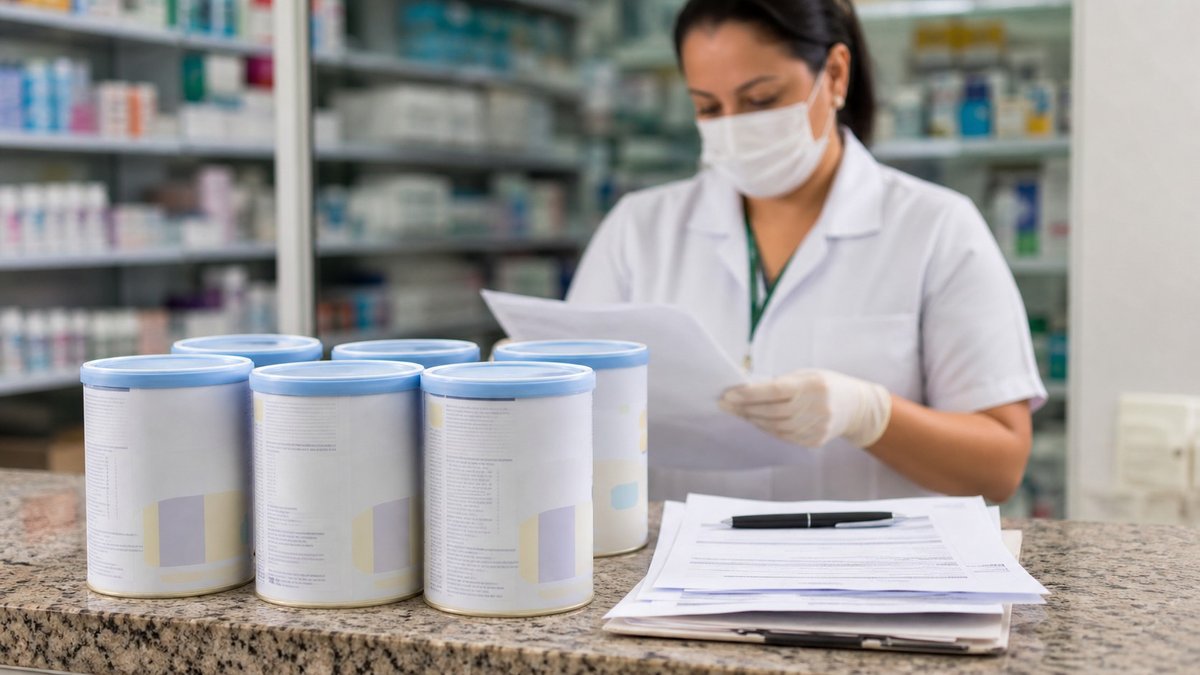 Produtos infantis sem marca e papeis de fiscalizacao sanitaria sobre balcao de farmacia.