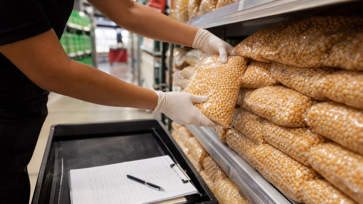 Funcionário retira embalagens de milho para pipoca de uma prateleira de supermercado.