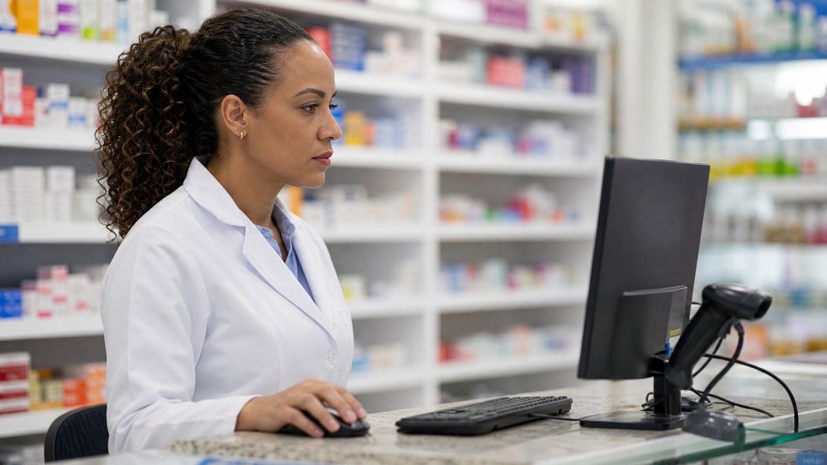 Farmacêutica confere receita digital em computador no balcão de uma farmácia.