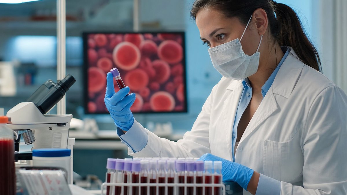 Amostra de sangue em laboratório com profissional analisando exames hematológicos.