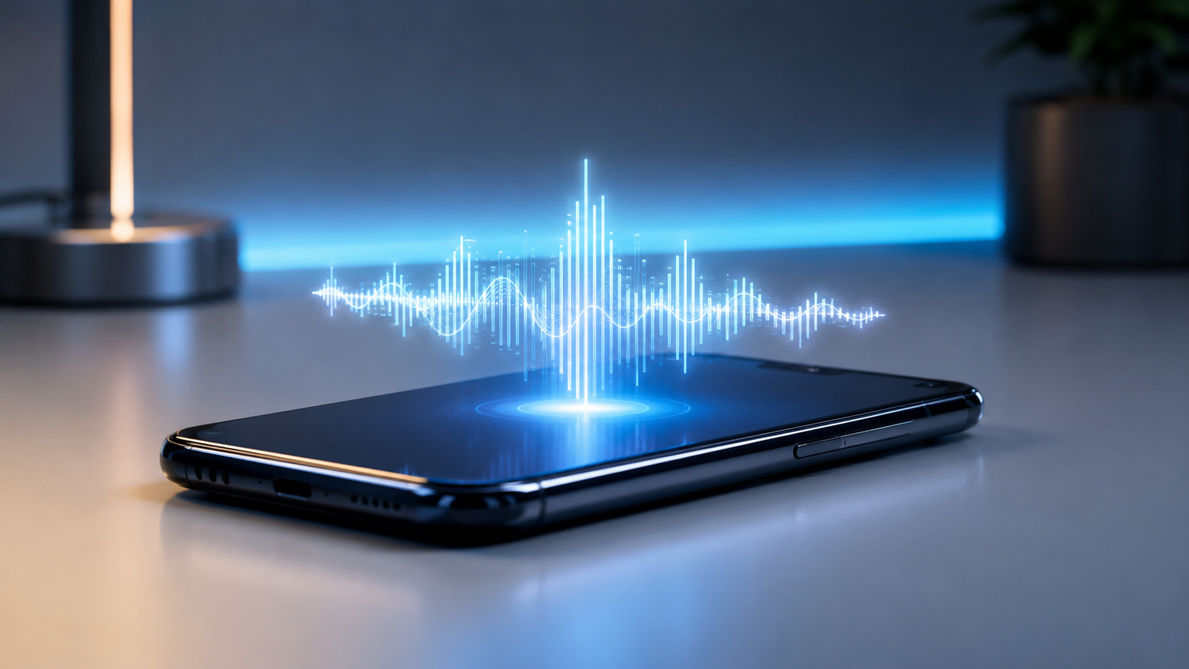 Smartphone sobre mesa com onda sonora luminosa saindo da tela — assistente de voz com inteligência artificial