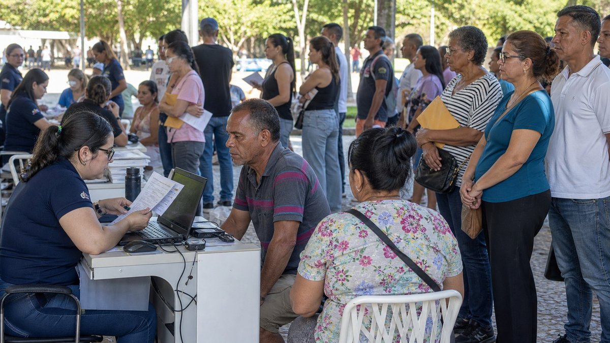 Atendimento de servico publico em feira de cidadania com pessoas em fila e mesas de orientacao