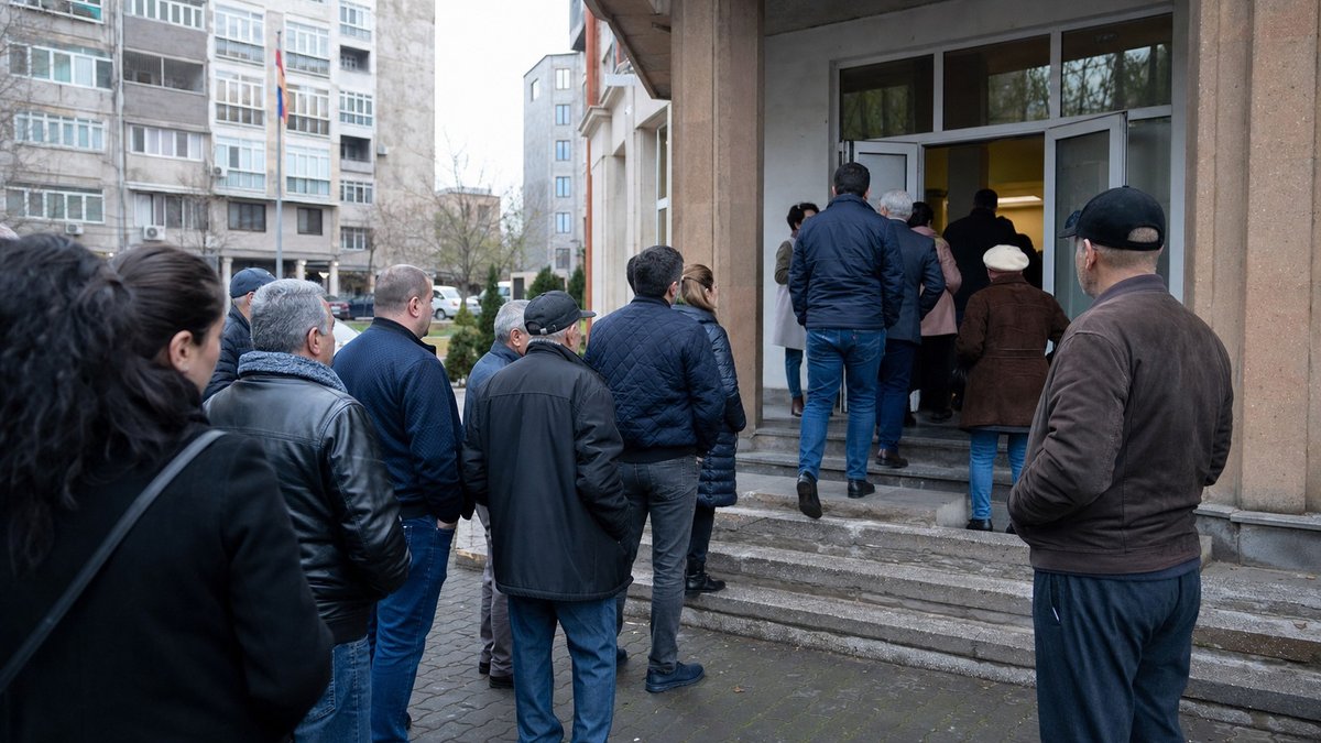 Eleitores entram em uma seção eleitoral em Yerevan durante a votação parlamentar na Armênia.
