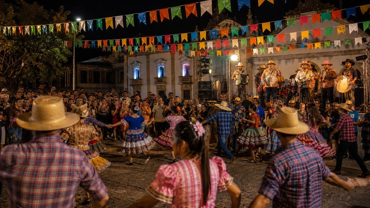 Festa de São João à noite com bandeirinhas coloridas, palco de forró e público dançando quadrilha.