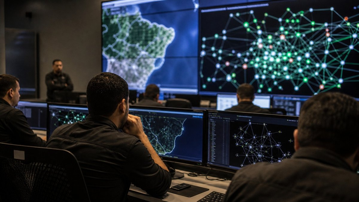 Sala de monitoramento de seguranca publica com mapas digitais e analistas trabalhando em computadores.