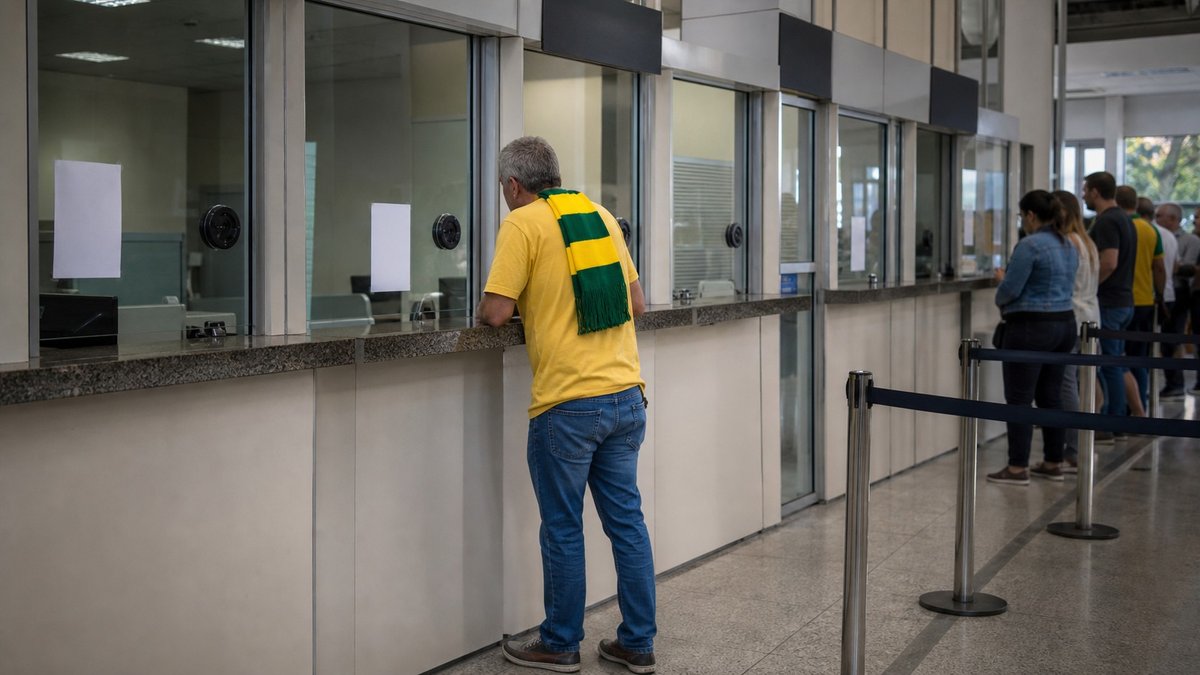 Agencia bancaria com atendimento presencial e cliente usando cores do Brasil em dia de jogo