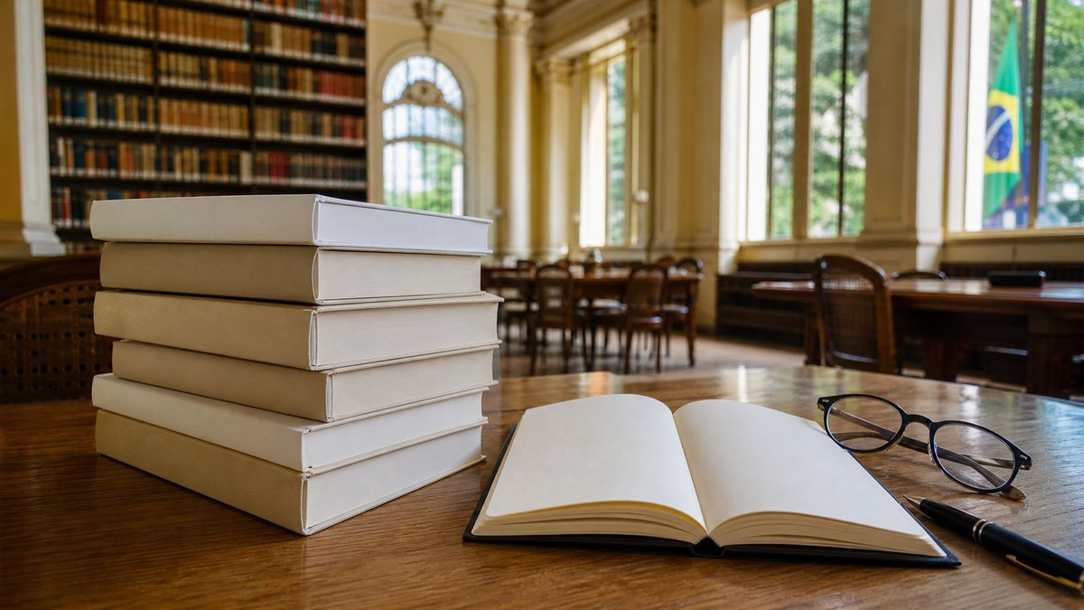 Mesa de biblioteca com livros brasileiros, cadernos e luz natural entrando por janelas altas.