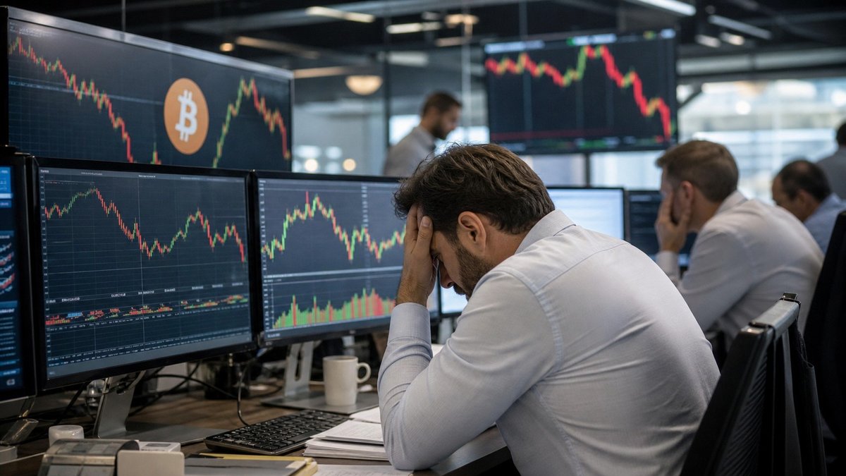 Painel de negociação de criptomoedas com gráfico do bitcoin em queda e operadores atentos