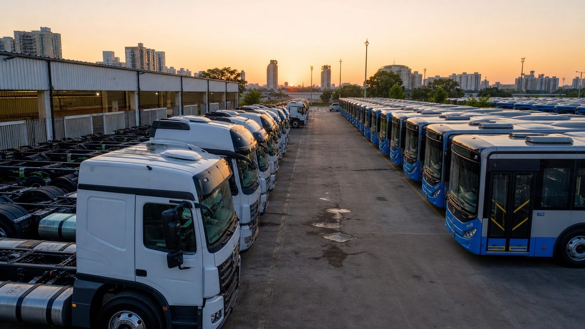 Caminhões e ônibus novos estacionados em pátio industrial ao amanhecer