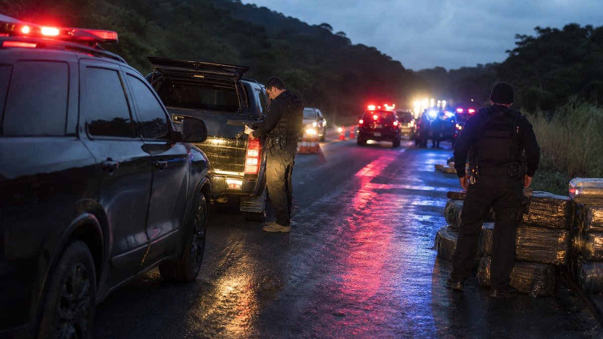 Operação policial em estrada brasileira com viaturas e agentes durante ação contra o crime organizado