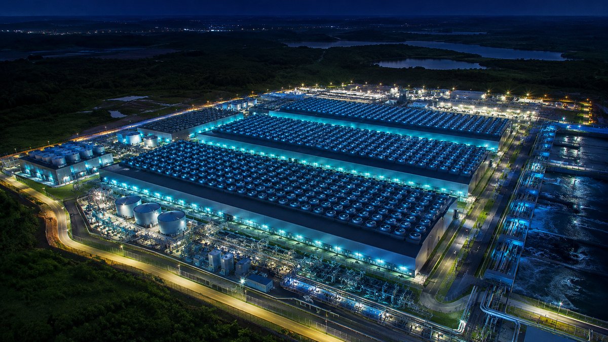 Complexo de data center iluminado à noite no Brasil — corrida da inteligência artificial