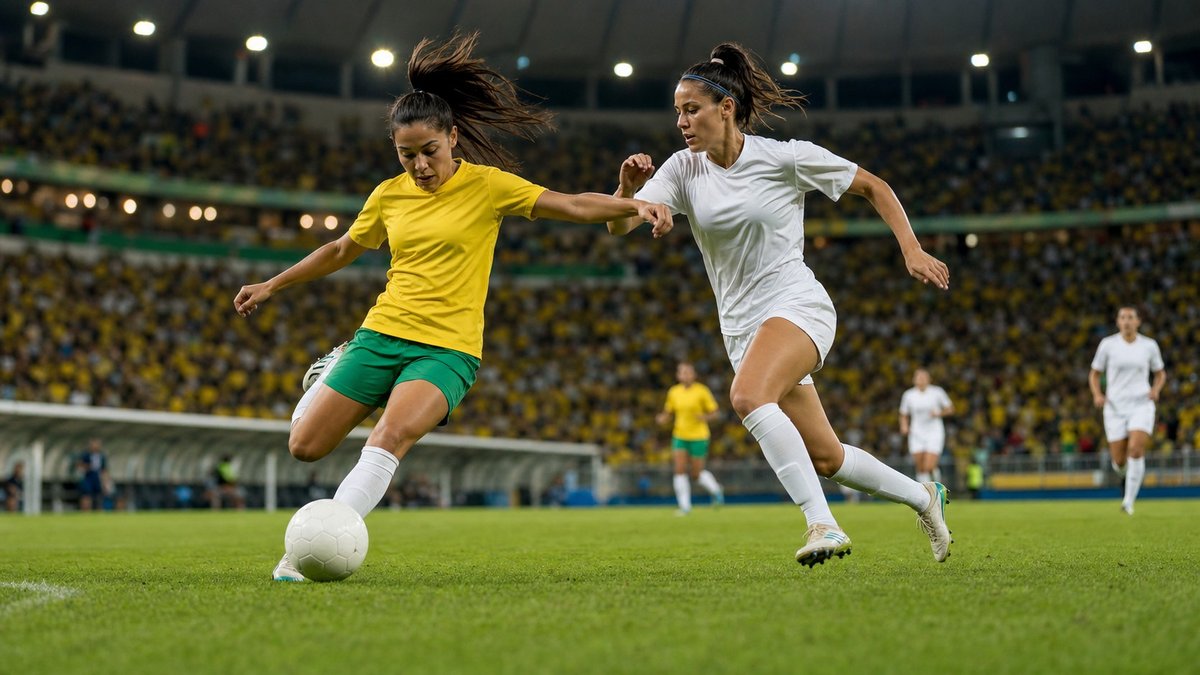 Jogadoras de futebol feminino disputam bola em estádio cheio durante amistoso internacional noturno.