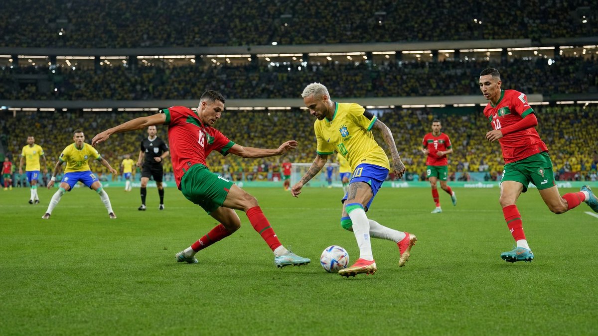 Jogadores de futebol disputam bola em estadio lotado durante jogo noturno de Copa