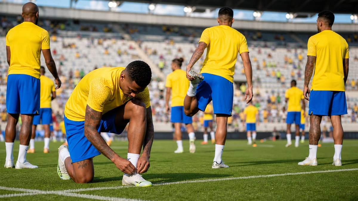 Jogadores com uniforme amarelo e azul se aquecem em gramado antes de partida de futebol.
