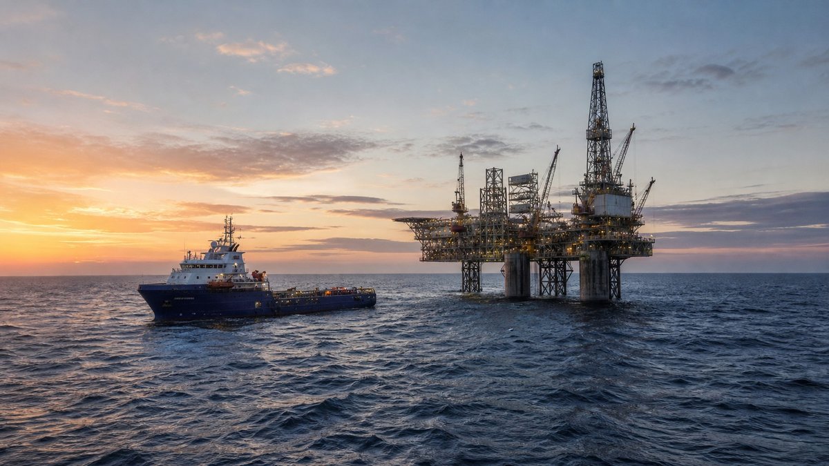 Plataforma de petróleo offshore operando no mar ao amanhecer.