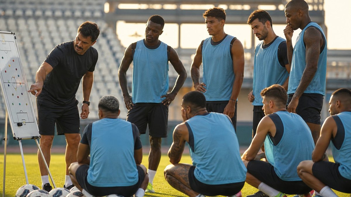 Jogadores de futebol treinam em campo brasileiro antes de competição internacional.