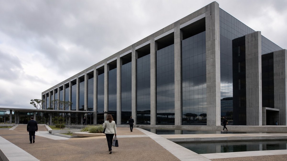 Fachada de prédio bancário moderno sob céu nublado, simbolizando pressão financeira.