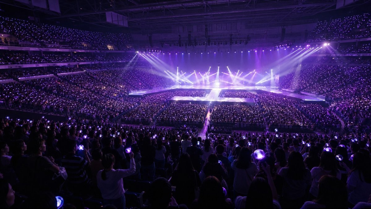 Arena lotada com luzes roxas durante show pop de grande porte.