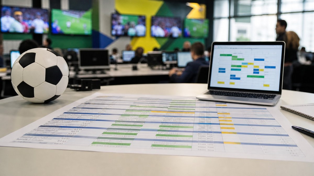 Mesa de redação esportiva com bola de futebol e calendário de jogos da Copa em ambiente editorial.