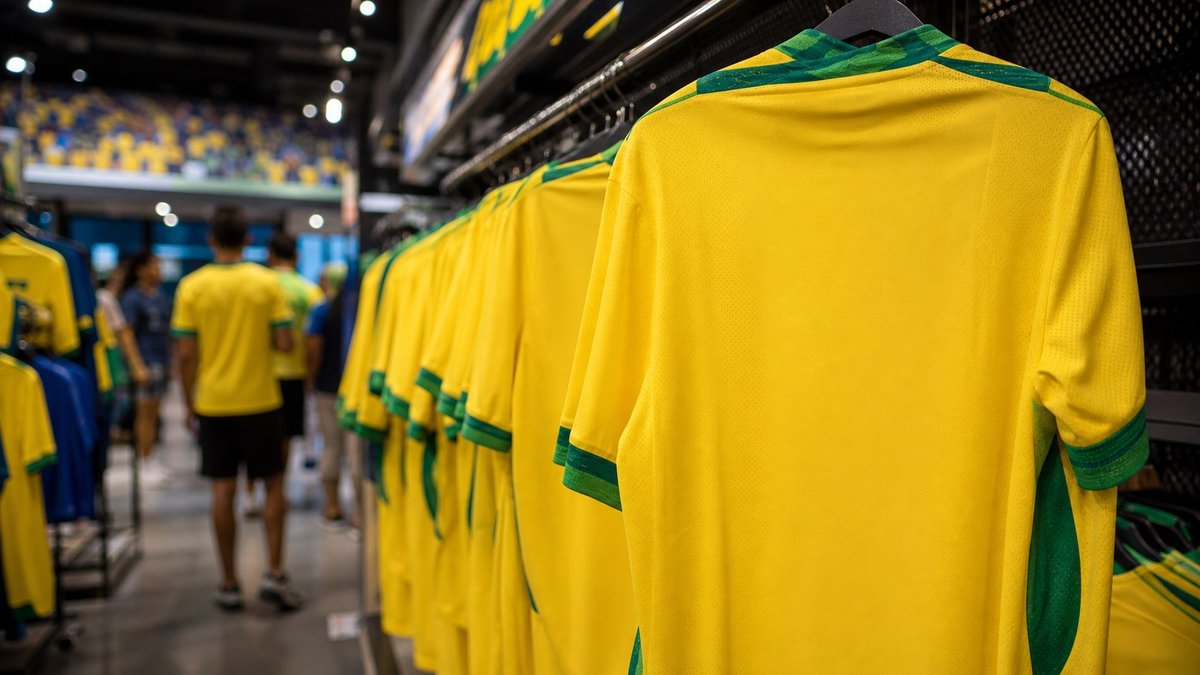 Camisas amarelas da Seleção Brasileira penduradas em loja esportiva antes de jogo da Copa