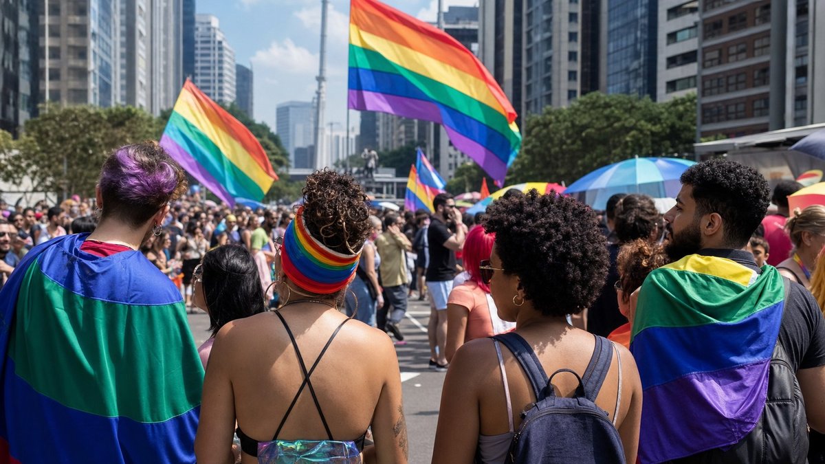Avenida urbana em dia de evento LGBTQIA+ com bandeiras coloridas e pessoas reunidas