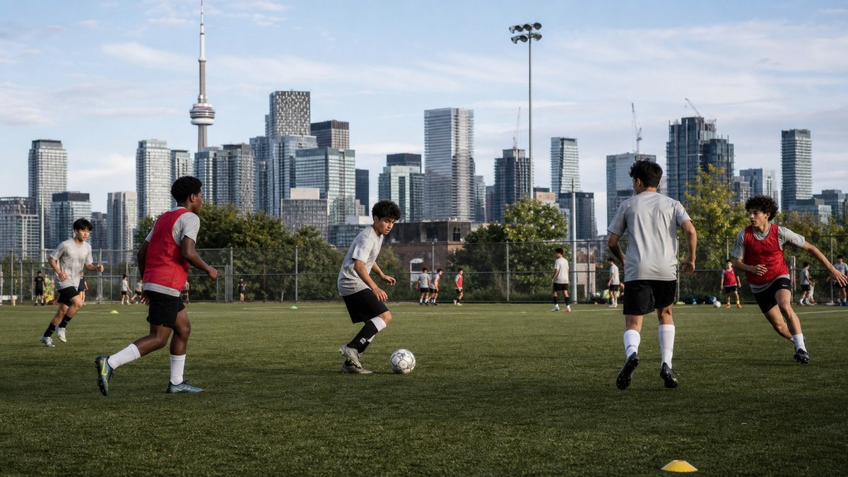 Jovens jogando futebol em campo público no Canadá com prédios urbanos ao fundo