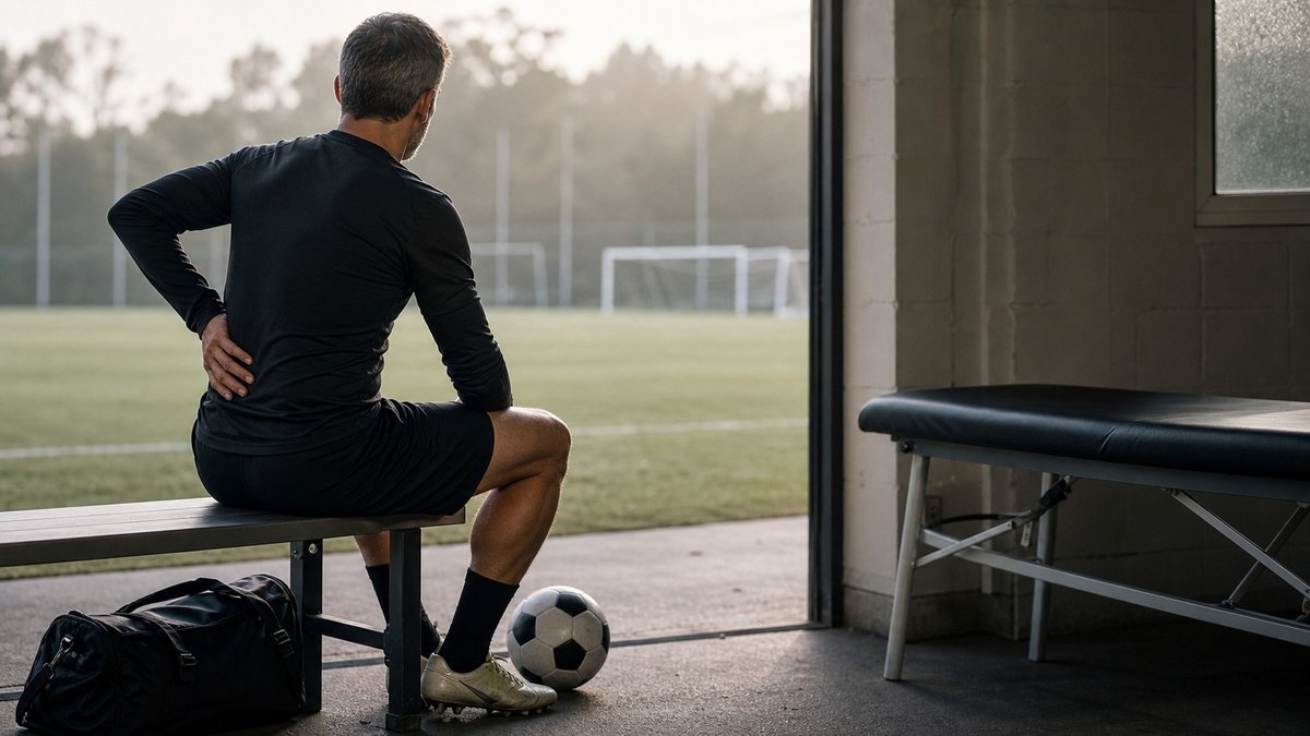 Jogador veterano sentado em banco de treino ao lado de um campo de futebol, com gesto de dor lombar.