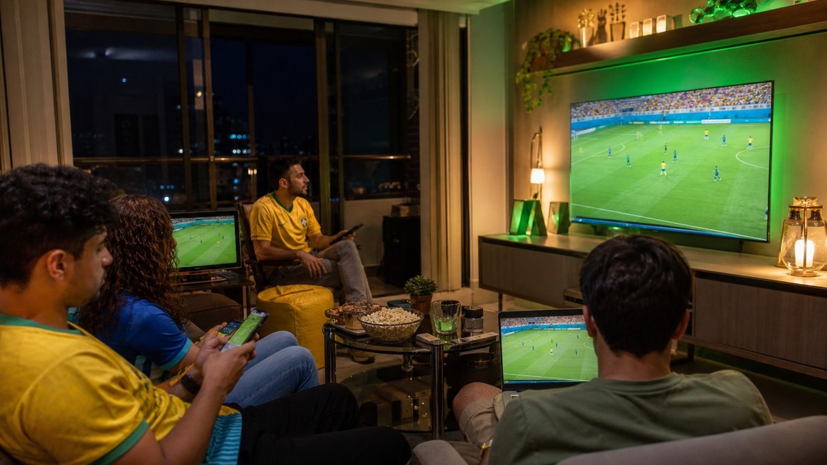 Torcedores acompanham jogo do Brasil em várias telas durante transmissão digital.