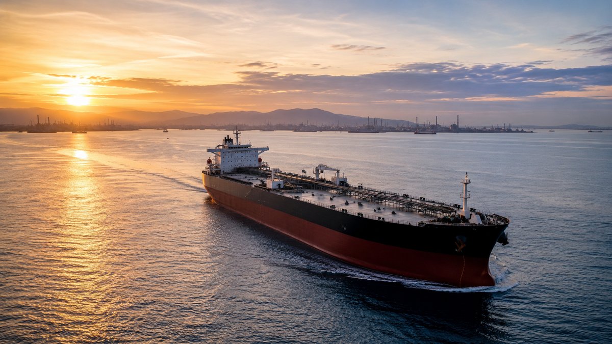 Navio petroleiro cruzando estreito ao amanhecer — reabertura do comércio de petróleo após cessar-fogo