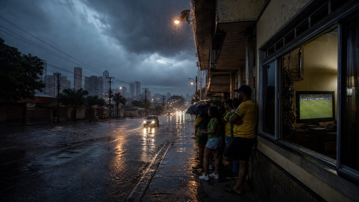 Torcedores com camisa amarela se abrigam de chuva forte em rua brasileira antes de jogo da Seleção