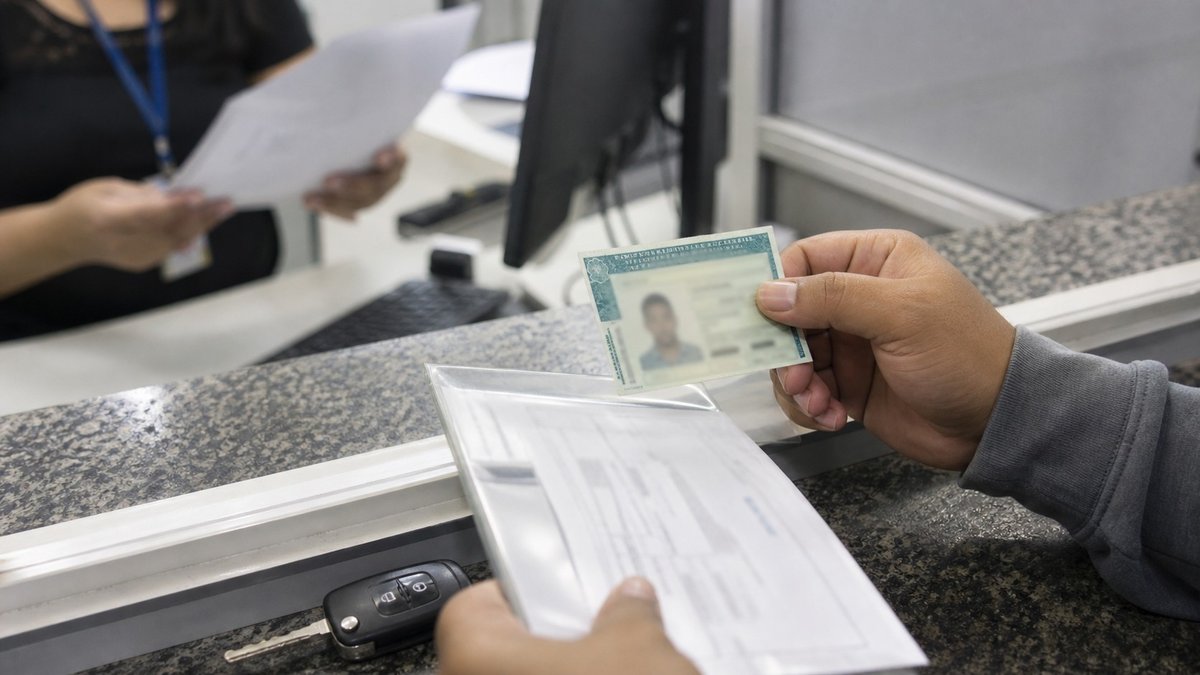 Pessoa segurando uma carteira de habilitação ao lado de um carro em posto de atendimento público