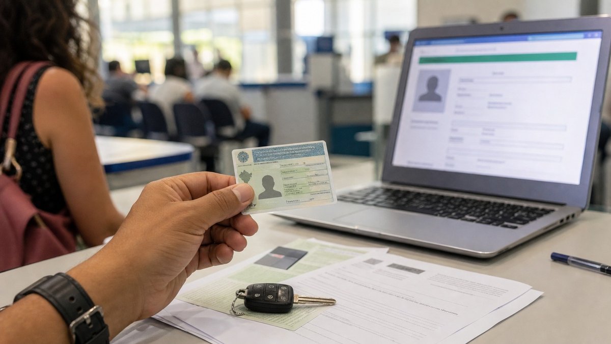 Motorista segura carteira de habilitacao em mesa com documentos e computador de atendimento.