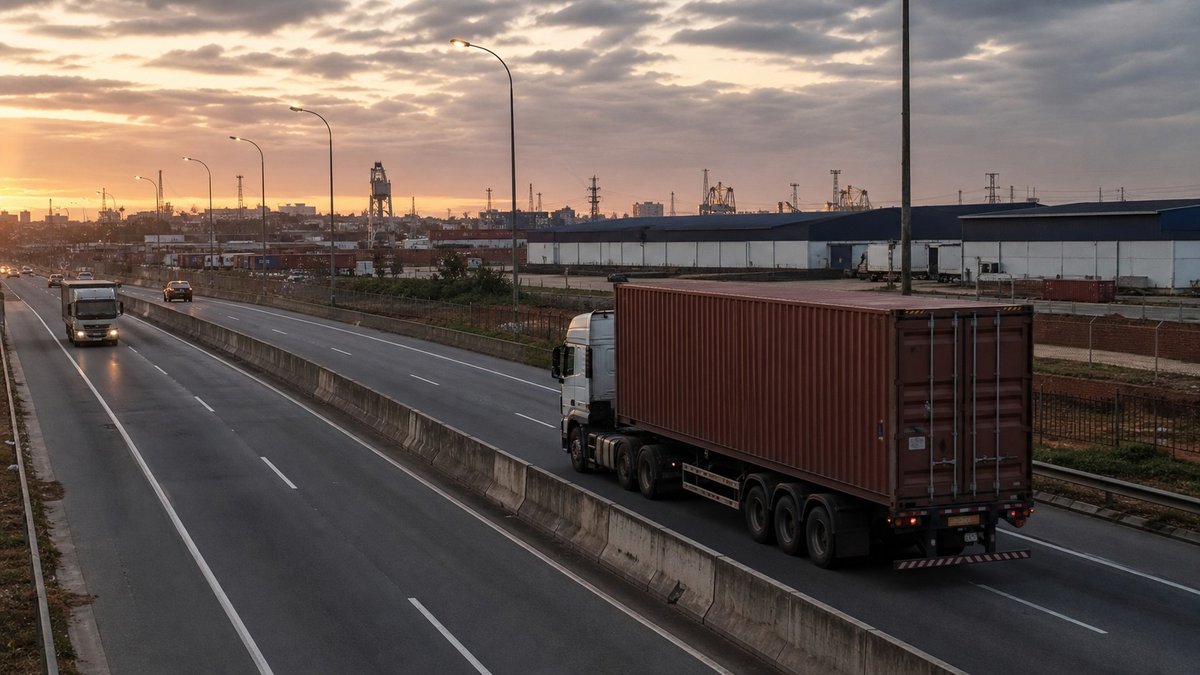 Caminhões de carga em rodovia brasileira com galpões industriais ao fundo.