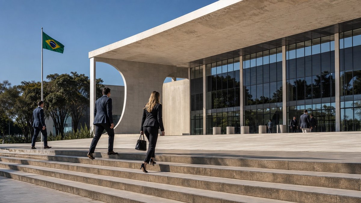 Fachada de prédio institucional de Justiça com bandeira do Brasil e pessoas caminhando