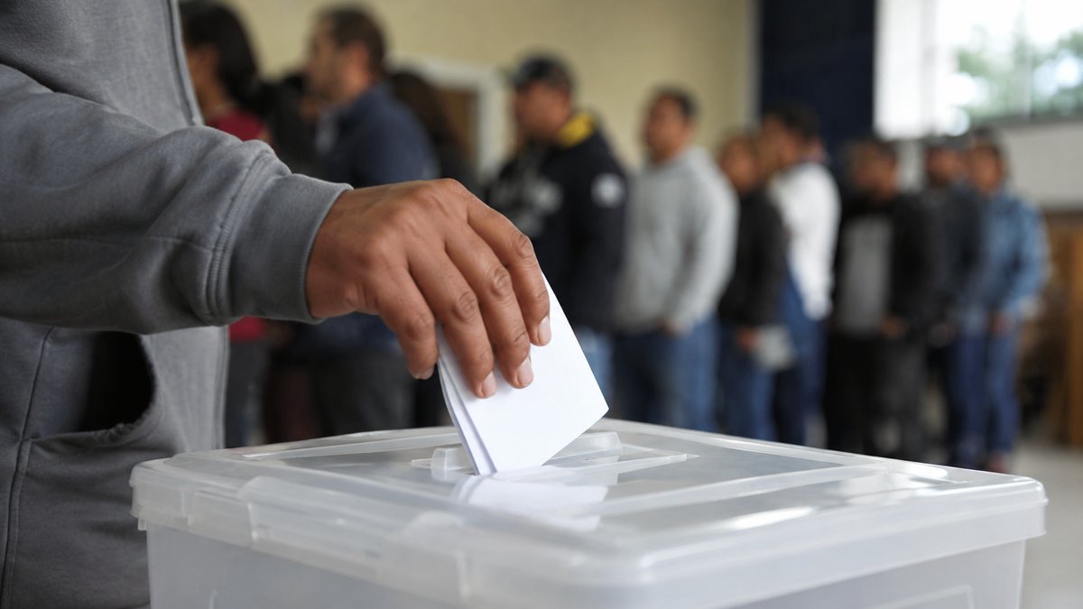 Mão depositando cédula em urna de votação — eleição presidencial da Colômbia 2026