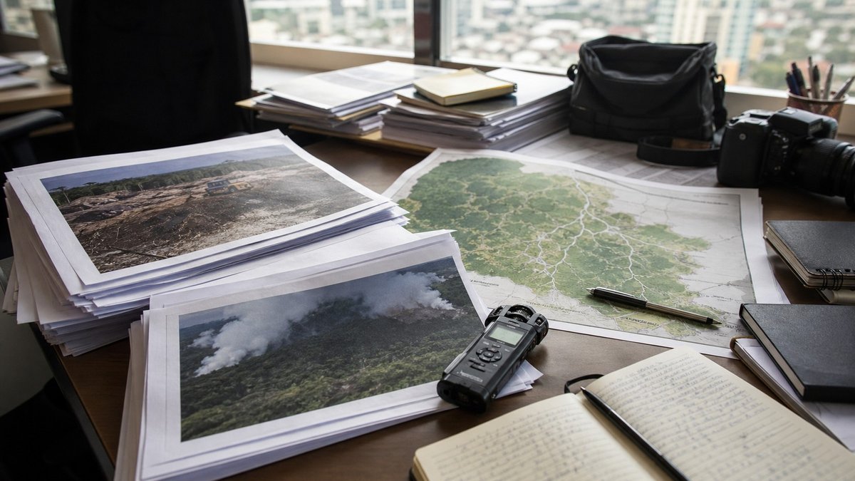 Mesa de reportagem com documentos ambientais, mapa, gravador e cadernos de apuração.