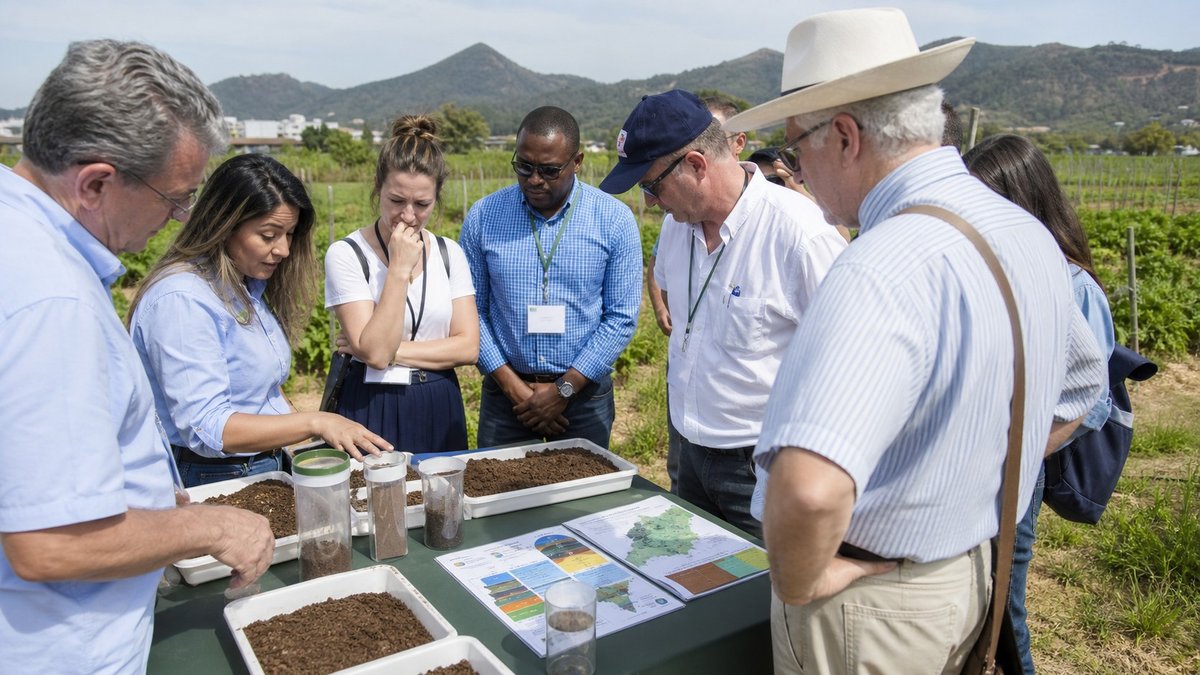 Especialistas e delegados observam amostras de solo em área agrícola durante visita técnica climática