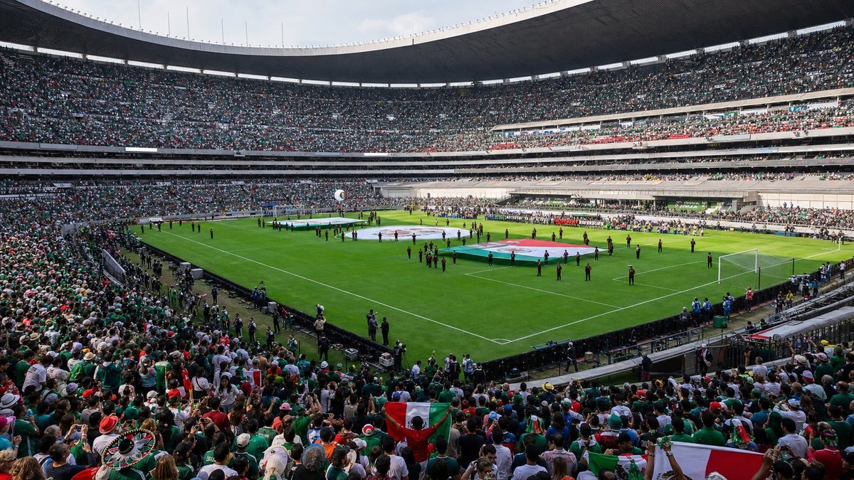 Estádio lotado na Cidade do México antes de uma partida internacional de futebol.