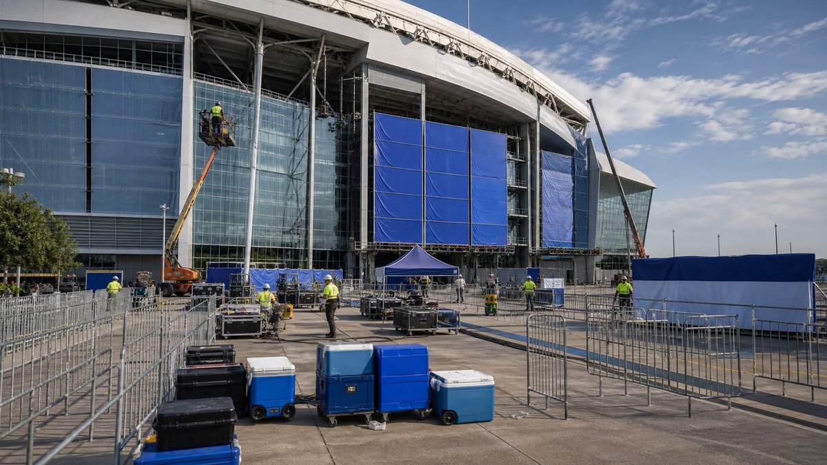 Estádio moderno em preparação para torneio internacional, com lonas cobrindo placas e equipes de montagem.