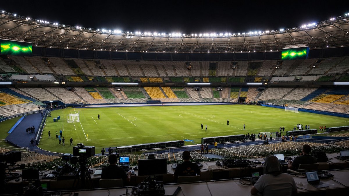 Estádio de futebol iluminado preparado para uma competição internacional feminina no Brasil.