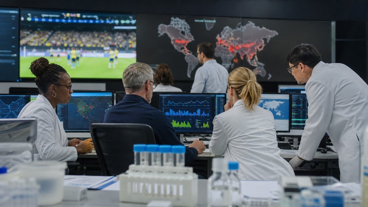 Especialistas de saúde pública analisam painéis de vigilância epidemiológica em uma sala de monitoramento.