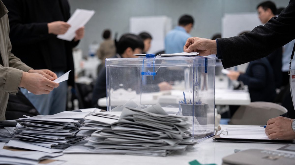 Urna transparente com cédulas em seção eleitoral na Coreia do Sul