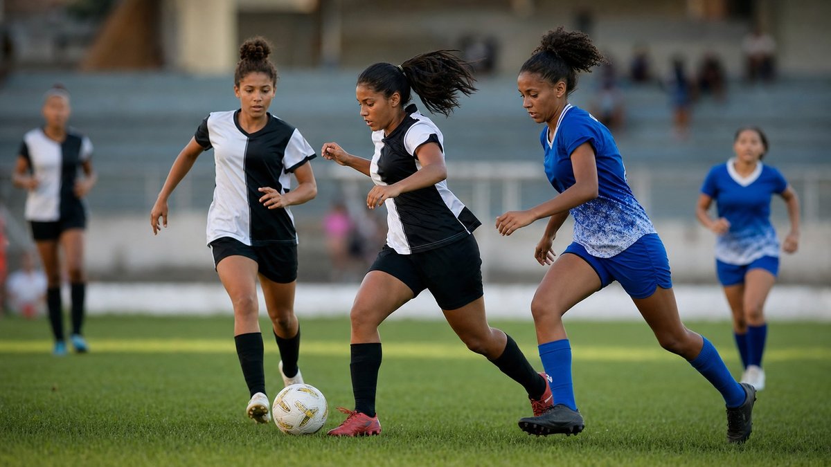 Jogadoras jovens de futebol feminino disputando bola em campo durante partida de base