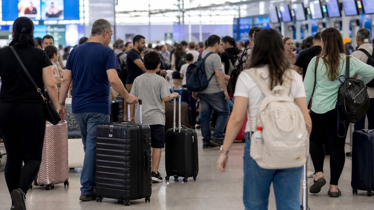 Passageiros caminham com malas em terminal de aeroporto movimentado durante feriado prolongado.